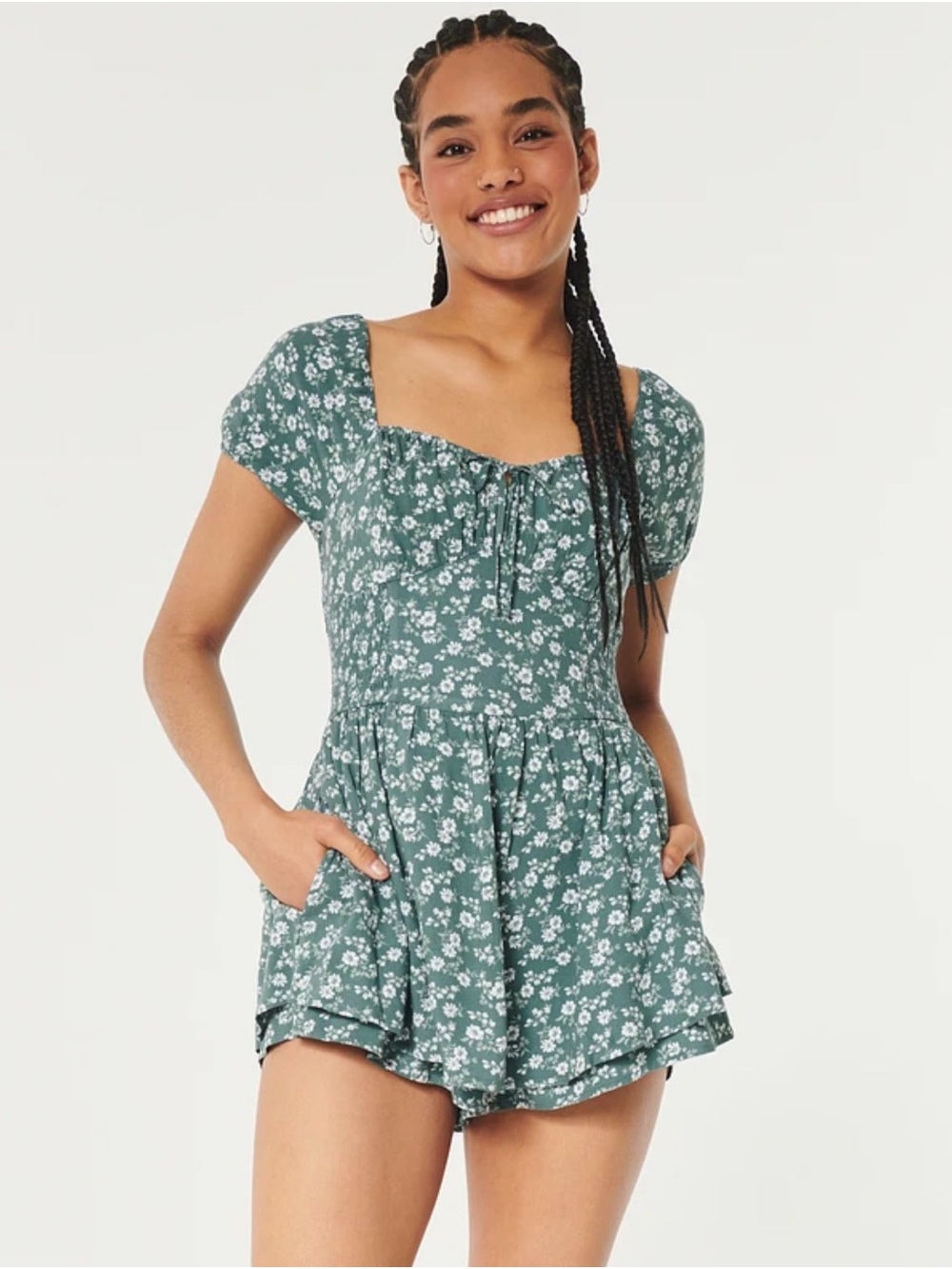 Hollister Green Floral Square-Neck Romper
